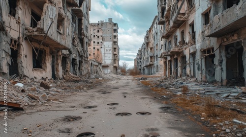 war-torn city, ruins, destroyed buildings, bullet holes in walls, shell holes on the ground