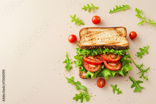 Open-faced sandwich with tomatoes and fresh greens. Top view food photography with a neutral background. Design for recipe book, poster, flat lay with place for text