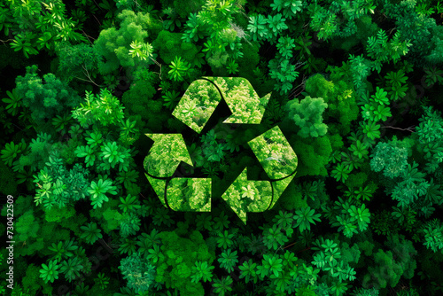 Green recycling symbol overlapping a lush forest canopy to represent environmental sustainability