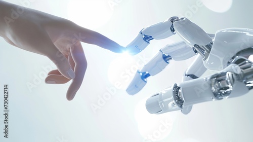 The robot and human hands touch each other's index fingers.