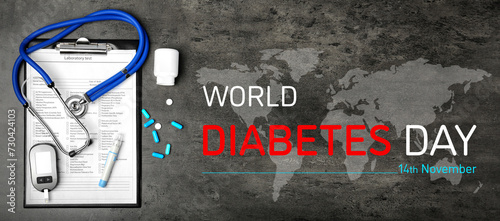 World Diabetes Day. Form of laboratory test, digital glucometer, lancet pen, pills and stethoscope on grey table with world map, top view. Banner design