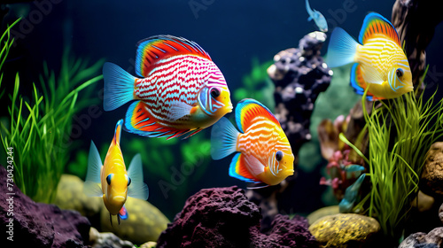 Tropical colorful fish in an aquarium with seaweed.