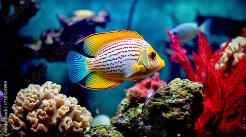 Tropical colorful fish in an aquarium with seaweed. Ai art