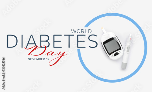 World Diabetes Day. Digital glucometer, test strip and lancet pen on white background, top view. Banner design