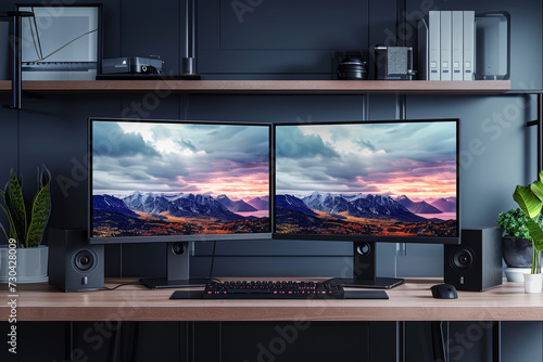 A dual-monitor setup with an organized desk, tailored for multitasking and efficiency. Concept of tech-savvy and productive home office environments. Generative Ai.