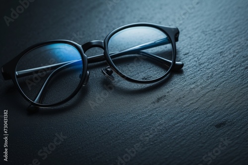 Designer eyeglasses on a matte black surface