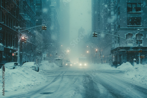 blizzard in a city, with snowdrifts and icy roads.
