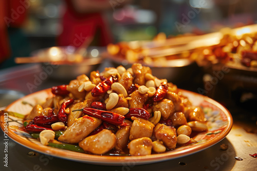 close-up shot of a plate of kung pao chicken, with tender chicken pieces, peanuts, and dried chili peppers