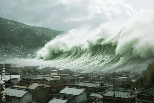 tsunami approaching a coastal town, with a wall of water towering over the buildings.