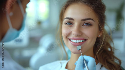 A happy woman with a beautiful smile is getting her teeth examined by a dentist, while her nose, skin, lips, eyebrows, eyelashes, jaw, and iris are also being taken care of through cosmetic dentistry.