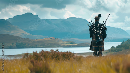 highlander wearing a scottish kilt with bagpiper in the misty Scottish landscape - AI Generated