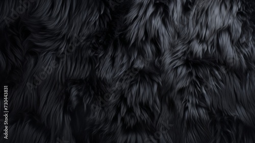 Deep black luxurious fur texture. Fur of black cat, puma, panther, fox, arctic fox, bear, wolf. Animal skin design. Concept of luxury, softness, coziness, fashion background, monochrome elegance.