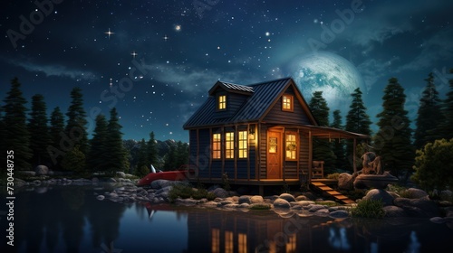 Illustration of a wooden hut in the middle of a lake at night, 
