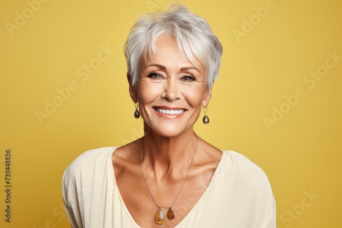 Portrait of beautiful senior woman with white hair smiling on yellow background