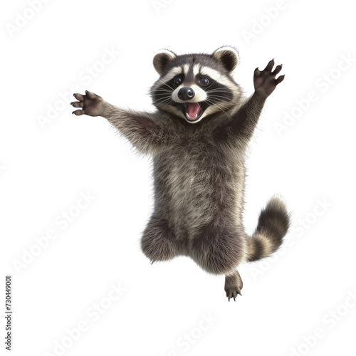 cute raccoon jumps and laughs on isolated transparent background