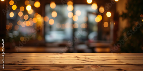 Wood planks table with blurry bokeh background in a café for product display background base
