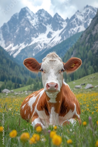 a cow resting in a pasture with mountains outside, in the style of tarragon, close-up shots