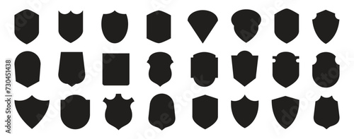 Set of silhouette icons of shields. Military shield insignia of different shapes. Vector elements. 
