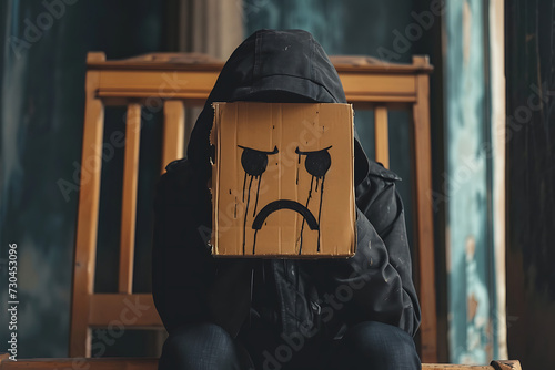 Una persona sentado con emoji de cartón molesto y llorando en la cabeza 