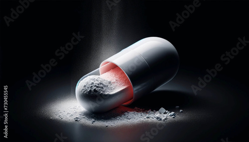 A highly detailed horizontal image of a capsule-type medical tablet, split in half to show the powdery contents inside. The main focus should be on the texture of the capsule shell and the fine granul