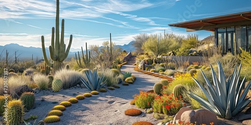 Backyard Southwestern desert garden with patio, furniture, and excellent landscaping design