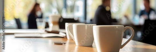 Mugs of coffee or tea in a business setting with executives in the blurred background for office concept