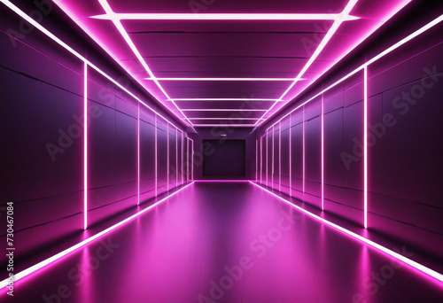 Neon light abstract background. Square tunnel or corridor neon glowing lights. 