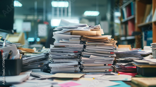 A cluttered office space showing an overwhelming amount of documents and paperwork piled on a desk.