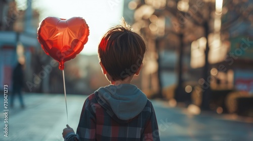 Boy holding a heart shaped balloon in the city generative ai