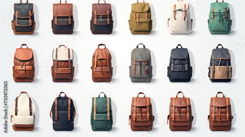 Classic leather backpack set collection, for bag shop promotional display. Image in white background. 