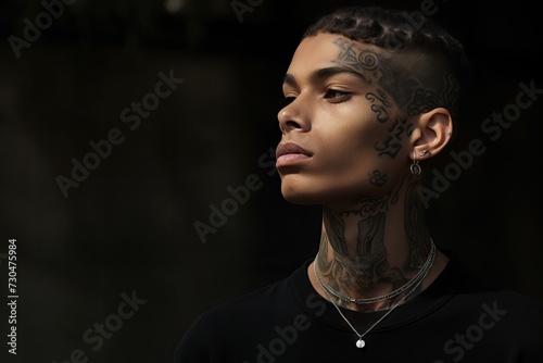 Brutal handsome gangster man with tattooed face. Young tattooed rap singer or break dancer on black background. Subculture concept