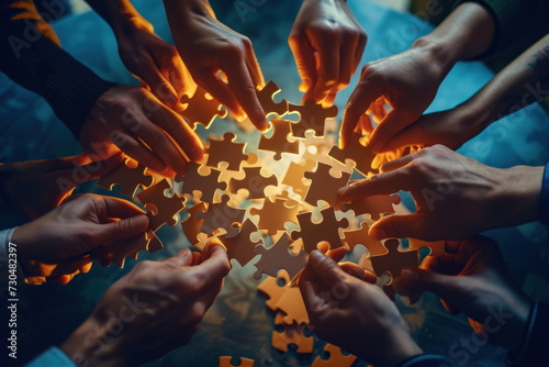 Hands join puzzle pieces, putting the jigsaws team together, business concept 