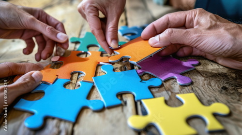 Hands join puzzle pieces, putting the jigsaws team together, business concept 