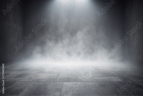 room with mist fog, stage for presenting products, grey smoke background