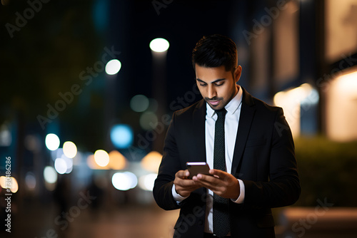 Hombre joven moreno de pelo negro mirando su celular en la calle, al fondo las luces de la ciudad en la noche. Hombre de negocios o ejecutivo. Imagen con espacio para copiar o editar