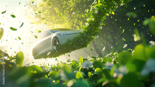 3d render of surreal ev car fly through green leaves nature.sustainable energy vehicle concept.