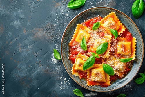 Top down image of ravioli with tomato sauce Parmesan and basil on rustic backdrop space for text