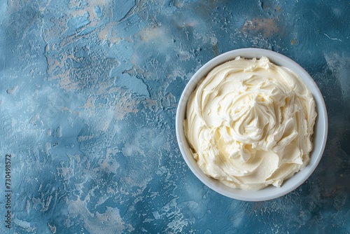 Italian dessert tiramisu with mascarpone cheese cream cheese or ricotta in a white ceramic bowl from a top view Creamy texture on a blue concrete ba