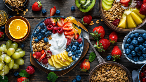 A healthy breakfast spread with fresh fruits yogurt, vegan food, vegan tables