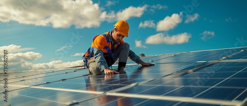 Rooftop Solar Panel Installation: Man at Work