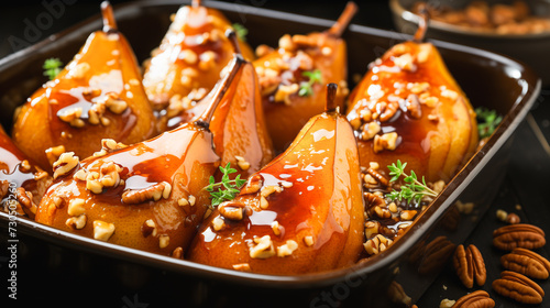 Baked pears with honey and walnuts topping close-up in a baking pan on a dark background