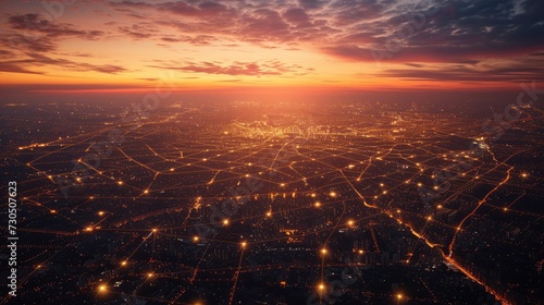 Aerial view cityscape at night with skyline and connectivity link of light grid concept of connection