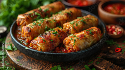 Piginalists cabbage rolls with meat and rice filling, stewed in tomato sau