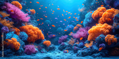 A composition with beautiful corals surrounded by groups of floating fish and delicate seaweed, creating an atmosphere of an underwater paradise gard