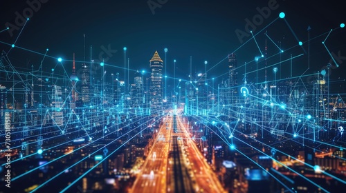 Abstract graphic illustrating a connected network in a smart digital city that embodies globalization in a visually creative way.