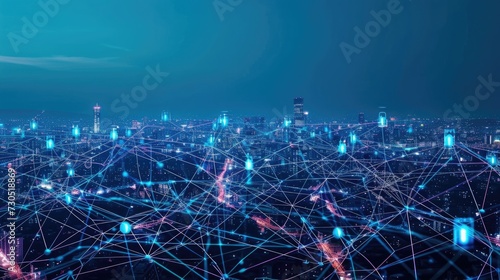 Abstract graphic illustrating a connected network in a smart digital city that embodies globalization in a visually creative way.