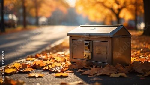 Amidst the changing foliage, a safe-deposit box finds its place in the serene ambiance of the autumn park