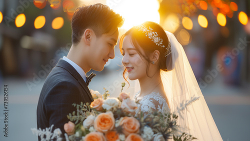 Amidst the soft, golden glow of the setting sun, the Chinese bride and groom found a precious, intimate moment that beautifully expressed their love and commitment on their wedding day.