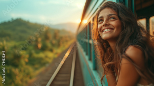 A happy smiling woman looks out from window traveling by train in Sri Lank, most picturesque train road in Sri Lanka at sunset