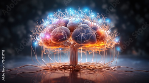 The brain with connected electrodes emits impulses into the ether.